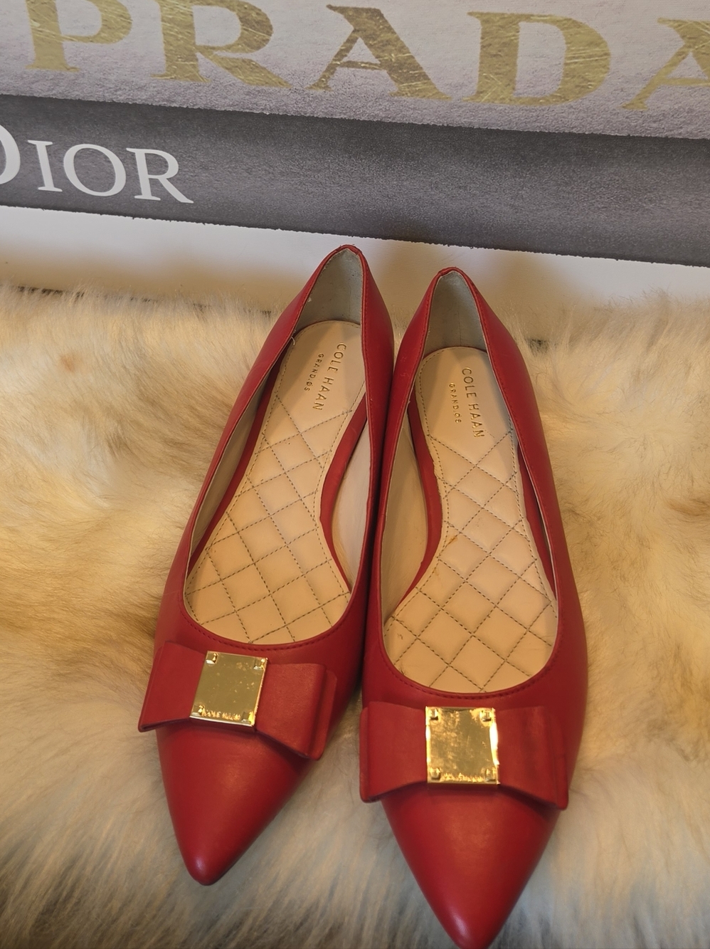 Cole Haan Red Leather Pointed-Toe Bow Flats with Gold Plaque